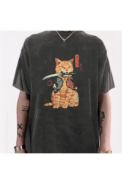 DEEFWEAR Mi̇ngalondon Washable Killer Cat Unisex Vintage T-Shirt
