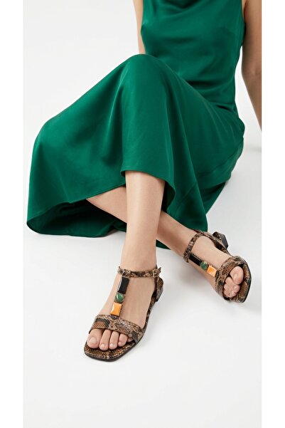Eysha Lamis Women's Sandals Flat Sole T-Strap Stone Detailed Ankle Buckle Squ...