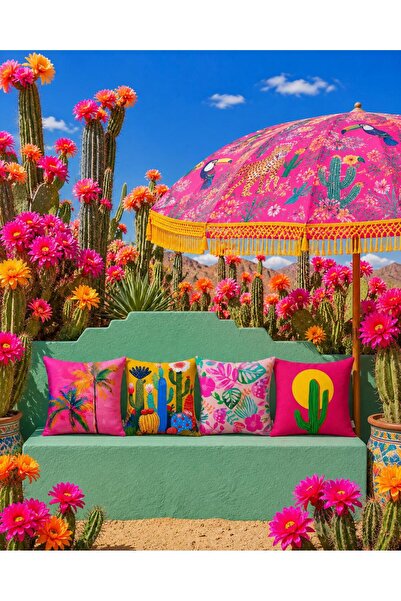 R-EYLA R'Eyla Cactus Set of 4 Decorative Throw Pillow Covers 45X45 cm Colorfu...