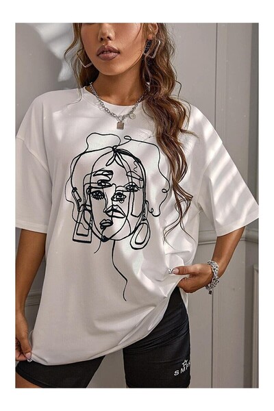 Flubutik Striped Figure Oversize White Cotton T-Shirt