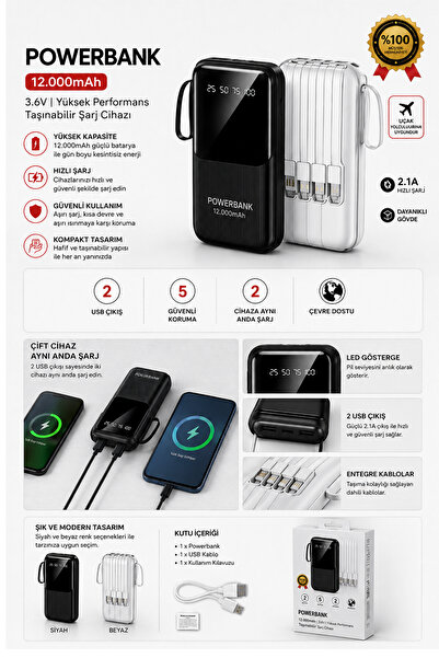 TECHNOMEN 12000 mAh Powerbank Dijital Göstergeli Dahili Kablolu Taşınabilir H...