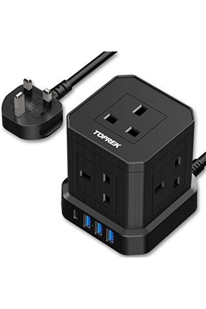 TOPREK وصلة كهربائية مكعبة الشكل مع منافذ USB، شريط طاقة بخمسة مخارج كهربائية...