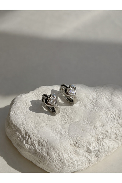 Owentis Çelik Silver Kalp Taşlı Minimal Heartsy Küpe -kararma yapmaz-