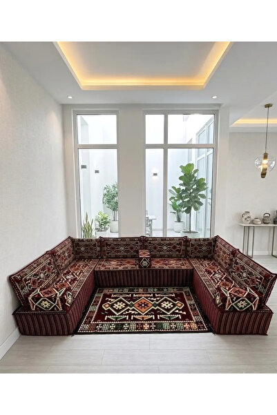 BAKIRÖZÜ HOME Bordo Anadolu Modeli Şark Köşesi - 40 cm Kalın Süngerli Teras v...