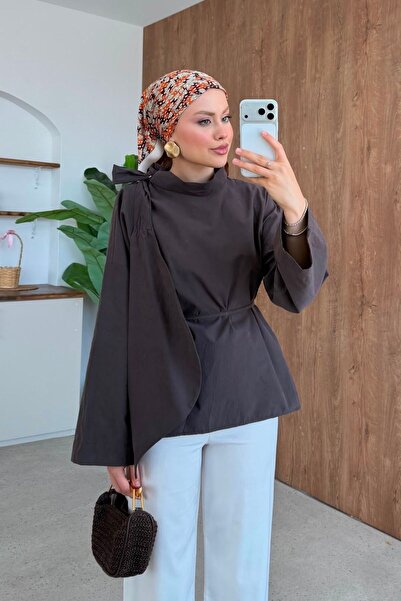 Hazamoda İkra Stand Collar Shirt Brown