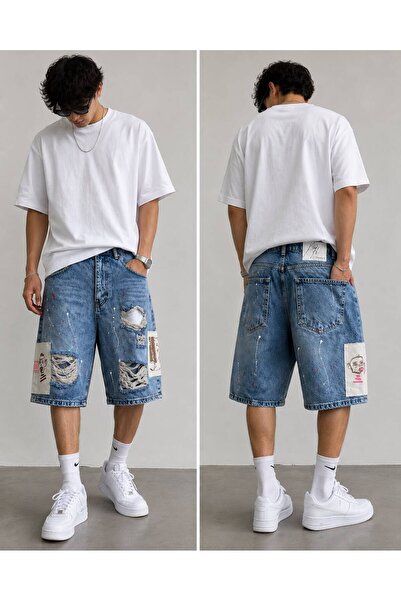 Loran Edge Erkek Baggy Fit Şort Yırtık Detaylı Baskılı Şort