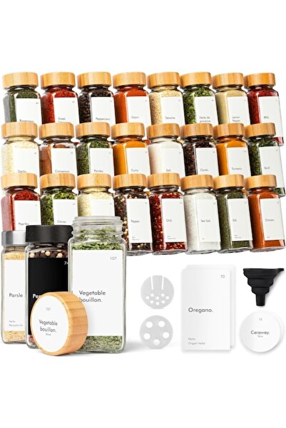 KIVY Set de 24 borcane de sticlă pentru condimente, 120 ml, cu capace din bam...