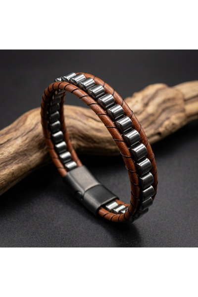 magıcgrange Natural Hematite Stone & Real Calfskin Handmade Bracelet – with M...