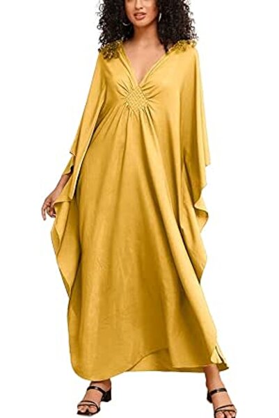 YouKD Women's Solid Color Bohemian Kaftan Dress Beach Cover Ups Plus Size Bat...