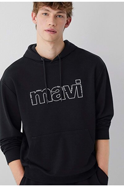 Mavi M0S10196 سويت شيرت رجالي بطباعة شعار وقلنسوة باللون الأسود