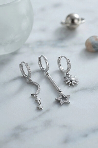 SORA GROUP Set of 3 Moon, Star and Sun Model Silver Color Women's Earrings