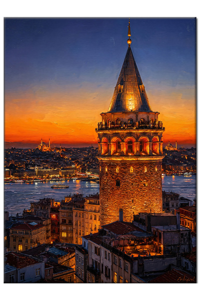 Bedeko Gün Batımında Işıltılı Galata Kulesi Mdf Ahşap Tablo