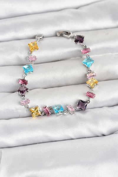 SORA GROUP Crystal Stone Cut Mixed Color Silver Color Gema Women's Bracelet