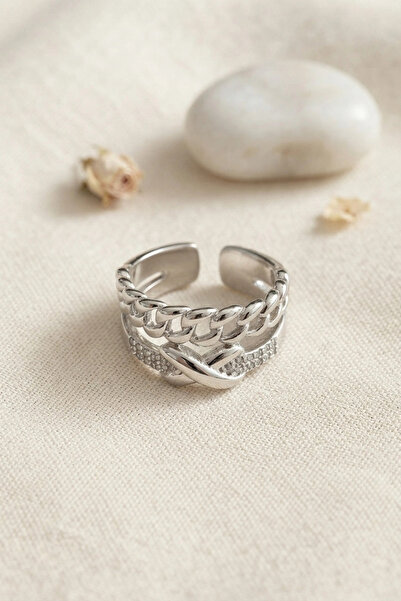 shopwave Adjustable Silver Color Ring with Chain and Knot Detail