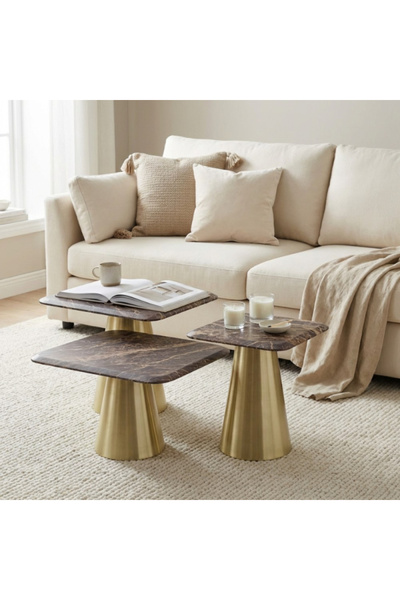 Baytonia Gio Marble Top Coffee Table - 3 Pieces - Brown and Gold