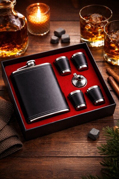 BiTon Toptan Premium Gift Set Black Leather Covered Liquor Flask with 4 Shot ...