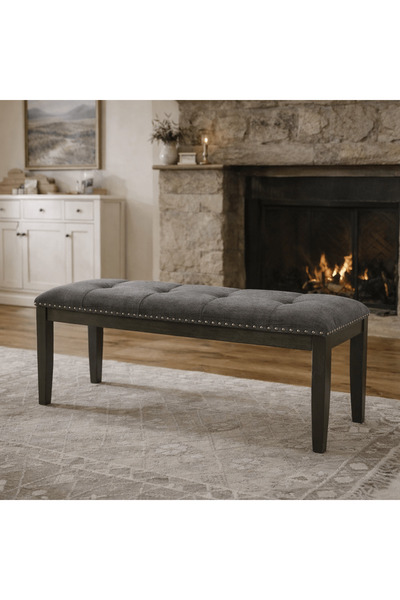 Roots Furniture Everdeen Bench w/ Grey Fabric and Nail Heads in Charcoal