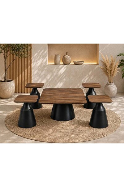 In Zone Modern Coffee Table Set with 4 End Tables - Wood Top and Black Tapere...