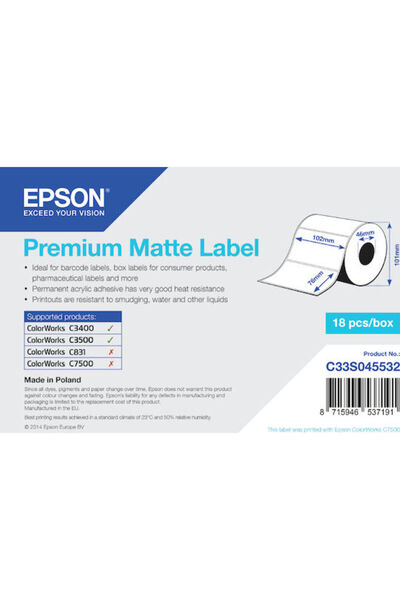 EPSON Premium Ματ 440 Αυτοκόλλητες Ρολές Ετικετών για Εκτυπωτή Ετικετών 102x7...