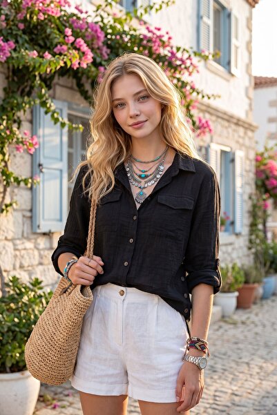 RMY MODA Black Washed Linen Side Buttoned Double Pocket Casual Shirt