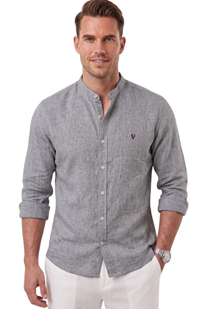 DeepSEA Men's Gray Judge Collar Relaxed Fit Linen Look 100% Cotton Shirt 2602612