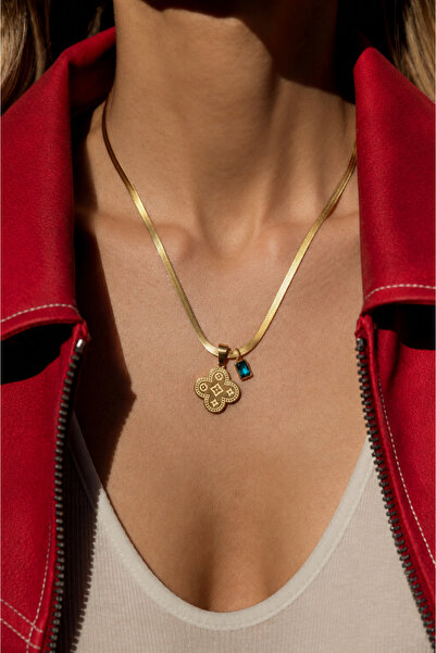Markiz Takı Blue Stone Clover 316L Steel Necklace 45 cm + 5 cm Extension