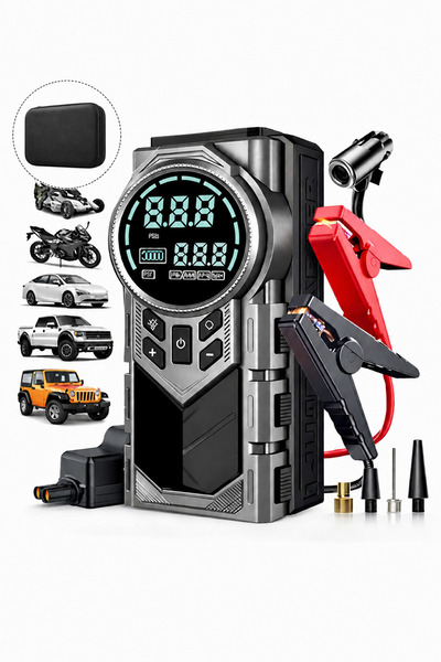 12.000 mAh Akü Takviye Cihazı Hava Kompresörü Powerbank 4'ü 1 Arada 150 PSI Dijital Ekranlı LED Işıklı Taşınabilir