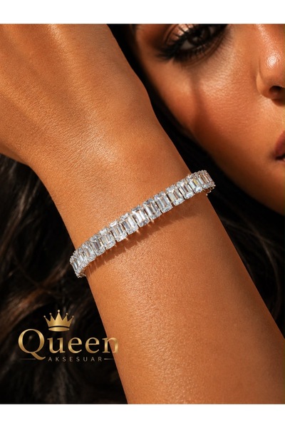 QUEEN AKSESUAR Lüks kristal Baget dikdörtgen zikron taşlı choker kelepçe bile...