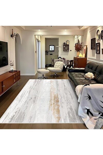 Zerfina 160×200cm Grey Gold Abstract Rug,Thick Washable Short Pile Carpet | N...