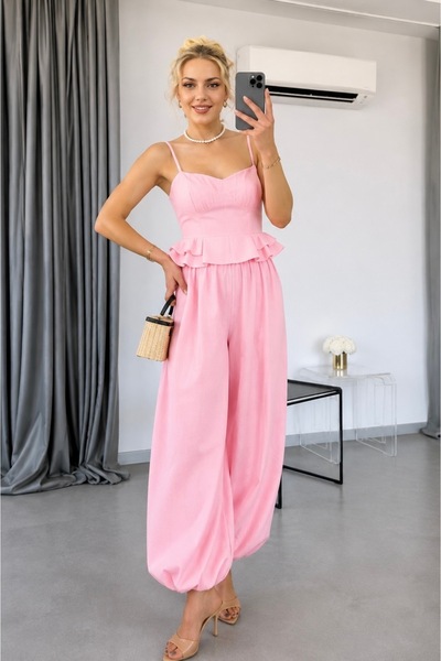 Pembe Fırfır Detaylı Crop Şalvar Takım ⭐
