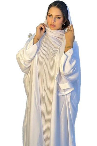 Generic Abaya Nawal – White & pleated satin dress Three-Piece Set | Elegant M...