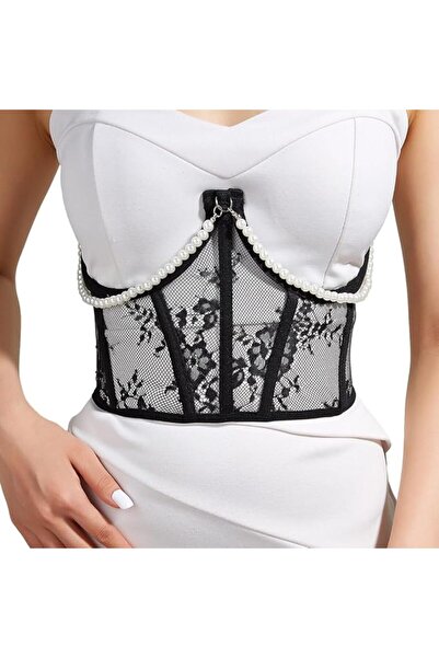 KASTWAVE Delicate Female Waist Corset with Dangling Pearl Chain, Sheer Lace P...