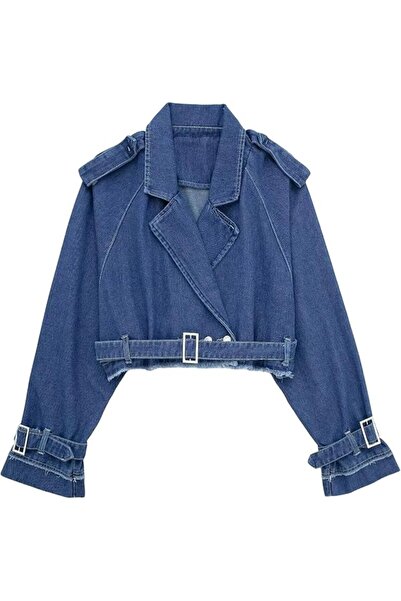 Generic Women's Short Washed Denim Jacket with Belt Lapel Collar Short Denim ...