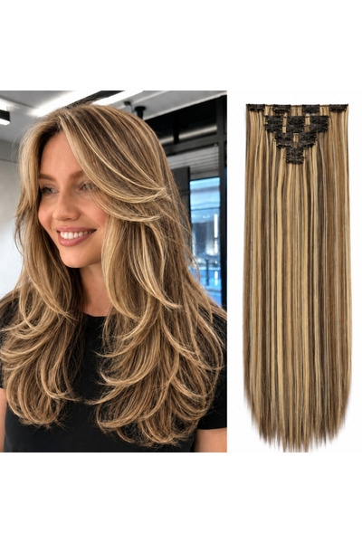 Dotail Set de 7 extensii de păr Swy Hair, cu clips, drepte, 55 cm, din fibră ...