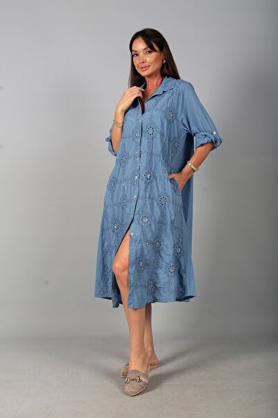By Saygı Kadın İtalyan Cotton Cepli Kabartma Nakışlı Pullu Oversize Uzun Elbise