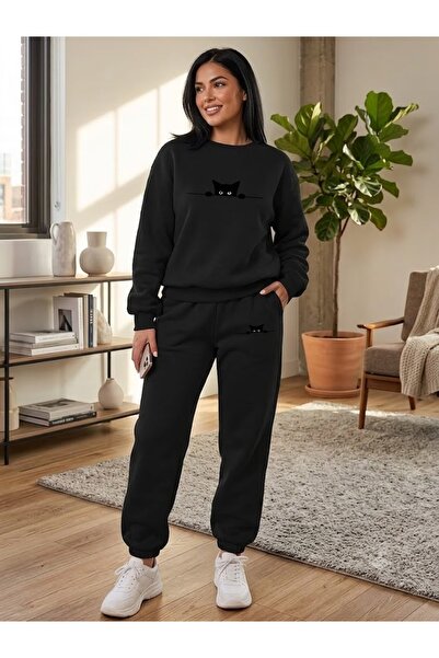 WOODROFFE Women's Pocket Cat Printed Crew Neck Tracksuit Set Oversize