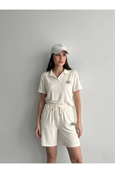 mylunessa Polo Collar Short Sleeve White Tracksuit Set with Shorts