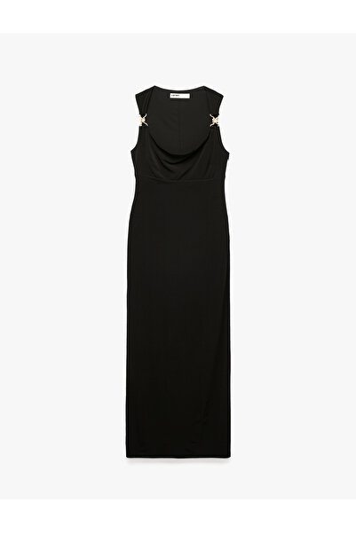 Koton Comfortable Fit Draped Square Neck Sleeveless Long Evening Dress with M...