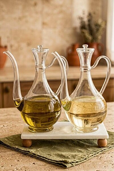Atbyhome طقم وعاء زيت ووعاء خل من الزجاج البوروسيليكاتي مع حامل رخامي 750 مل ...