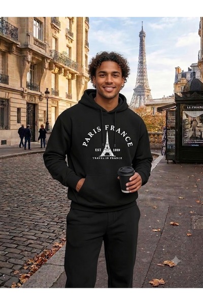 WOODROFFE Unisex Paris France Printed Oversize Hooded Tracksuit Set Loose Fit