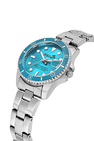 Poloair ساعة يد نسائية مع تقويم وعدسة فضية اللون فيروزي PL-1621B8x