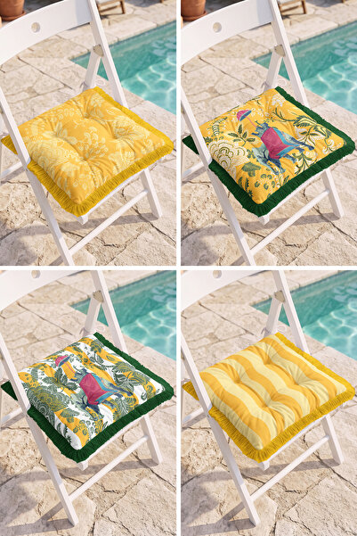 Realhomes Tropical Leaf Patterned 4-Piece Fringed Puffy Chair Cushion Set wit...
