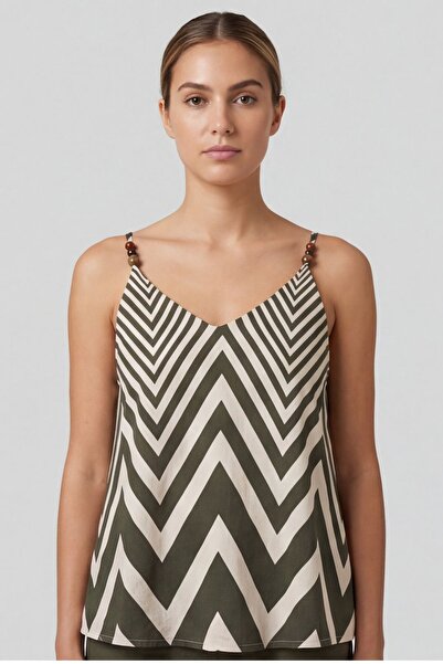 Unique Women's top with Geometric Patterned and thin khaki straps