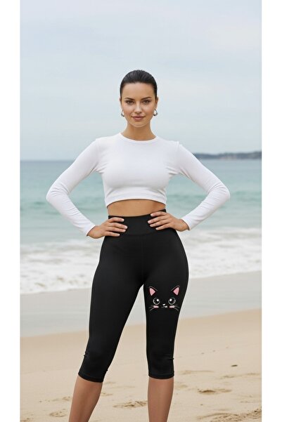 buzaa Women's Black Cute Cat Printed Above Knee Stretchy Capri Sports Leggings