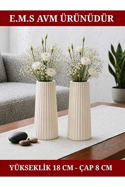 E.M.S AVM 2 Pieces Cream Color Long Large Size Striped Vase Bohem Long Vase S...