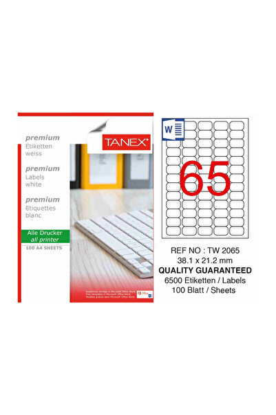 Tanex Self-Adhesive White Labels, Repositionable, 65/A4, 38.1X21.2Mm, 25 Shee...