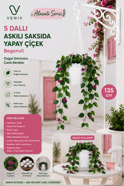 VENİV 135 cm Yapay Begonvil Çiçeği – 5 Dallı Beyaz Askılı Saksı | Dekoratif B...
