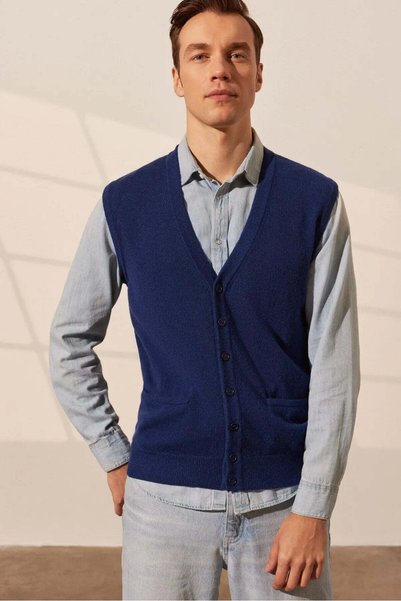 Silk and Cashmere Lacivert Jan Saf Kaşmir V Yaka Erkek Yelek