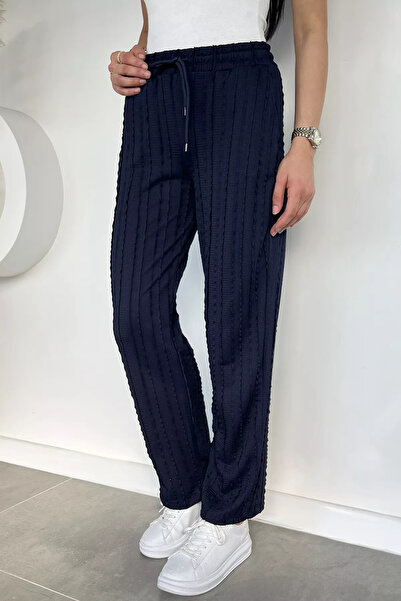 Aryena Navy Blue Women's Elastic Waist Trousers