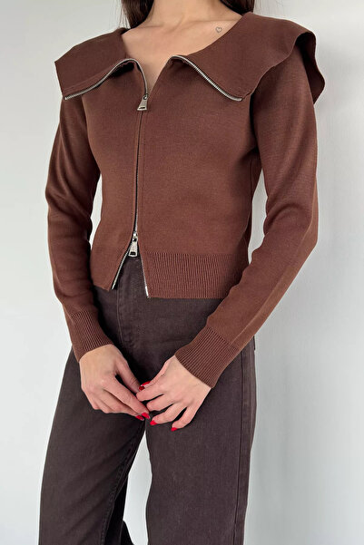 Aryena Brown Women's Baby Collar Zippered Knitwear Blouse